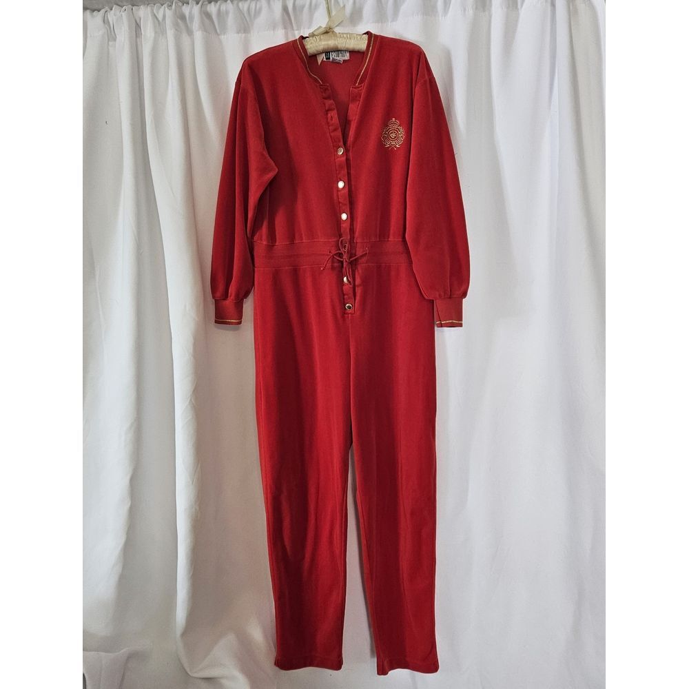 Vintage SK & Company Velour Jumpsuit Womens Large Red Embroidered ‎ 80s